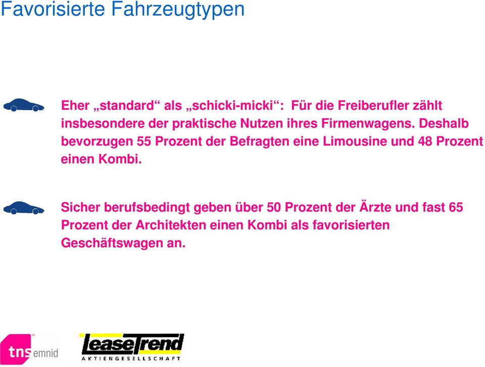 Deshalb bevorzugen 55 Prozent der Befragten eine Limousine und 48 Prozent einen Kombi.