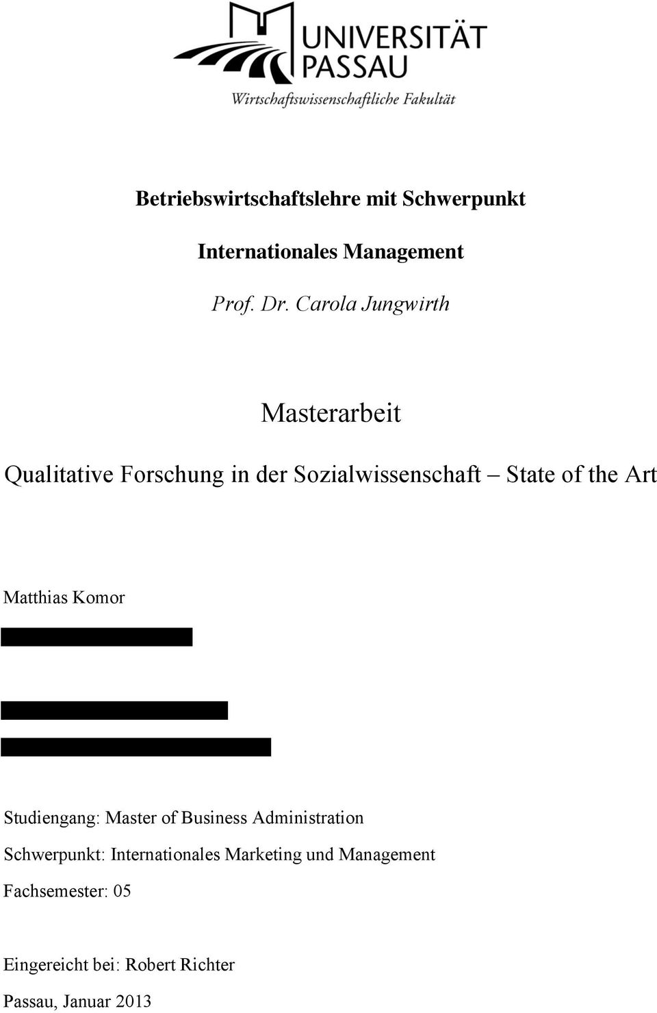 the Art Matthias Komor Studiengang: Master of Business Administration Schwerpunkt: