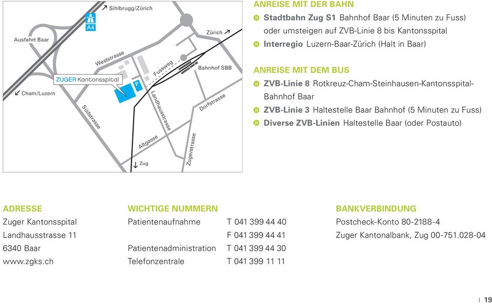 Minuten zu Fuss) Landhausstrasse Südstrasse Diverse ZVB-Linien Haltestelle Baar (oder Postauto) Altgasse Zug Zugerstrasse ADRESSE Zuger Kantonsspital Landhausstrasse 11 6340 Baar www.zgks.