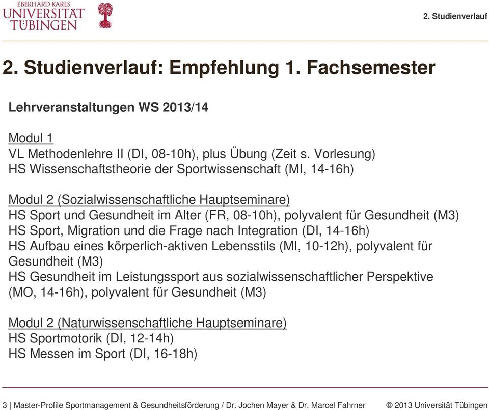 Sport, Migration und die Frage nach Integration (DI, 14-16h) HS Aufbau eines körperlich-aktiven Lebensstils (MI, 10-12h), polyvalent für Gesundheit (M3) HS Gesundheit im Leistungssport aus