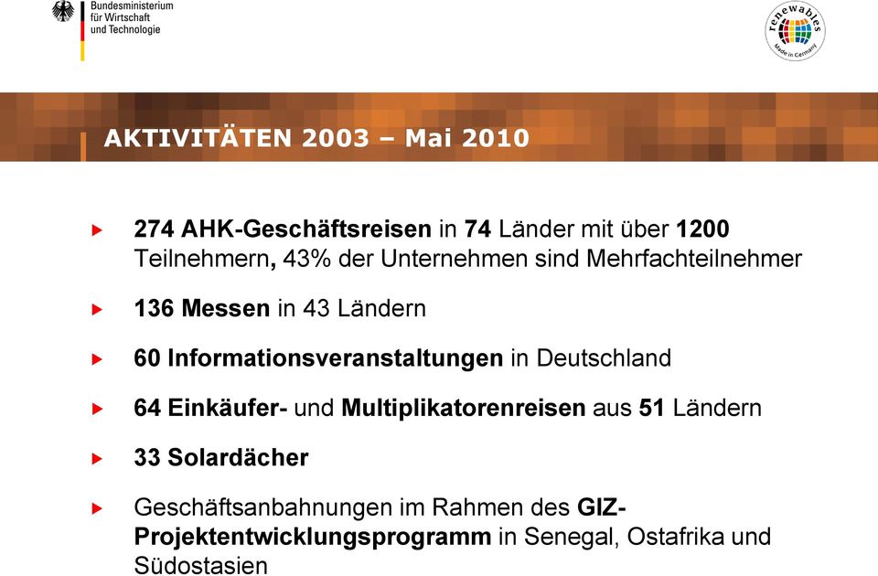 Informationsveranstaltungen in Deutschland 64 Einkäufer- und Multiplikatorenreisen aus 51