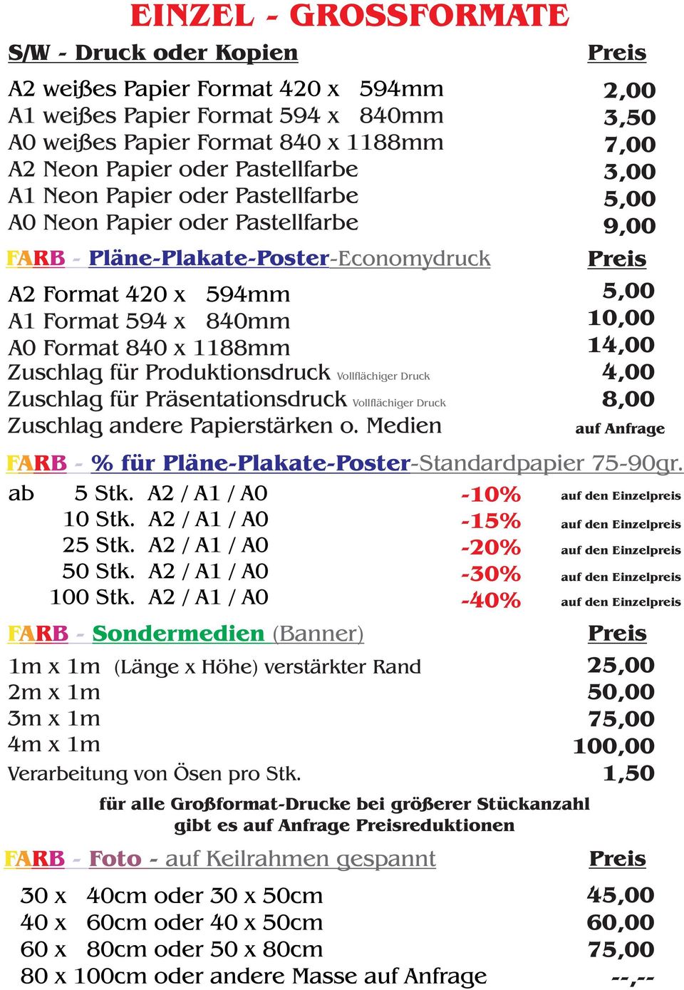 Vollflächiger Druck Zuschlag für Präsentationsdruck Zuschlag andere Papierstärken o.
