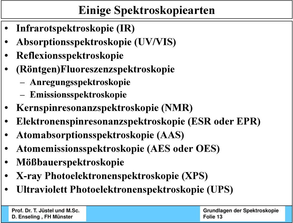 Elektronenspinresonanzspektroskopie (ESR oder EPR) Atomabsorptionsspektroskopie (AAS) Atomemissionsspektroskopie (AES