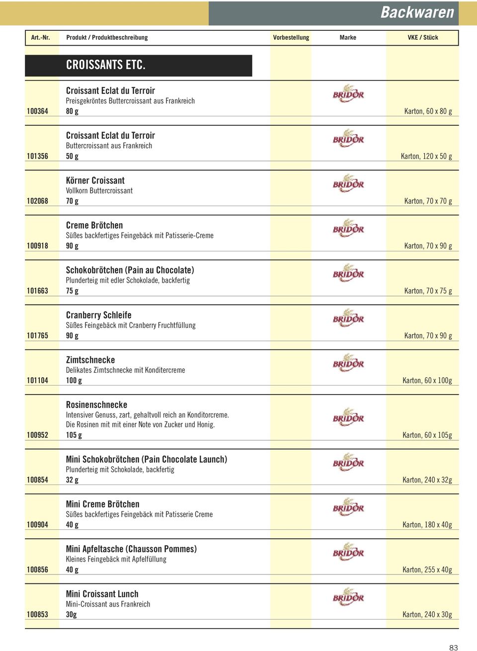Croissant Vollkorn Buttercroissant 102068 70 g Karton, 70 x 70 g Creme Brötchen Süßes backfertiges Feingebäck mit Patisserie-Creme 100918 90 g Karton, 70 x 90 g Schokobrötchen (Pain au Chocolate)