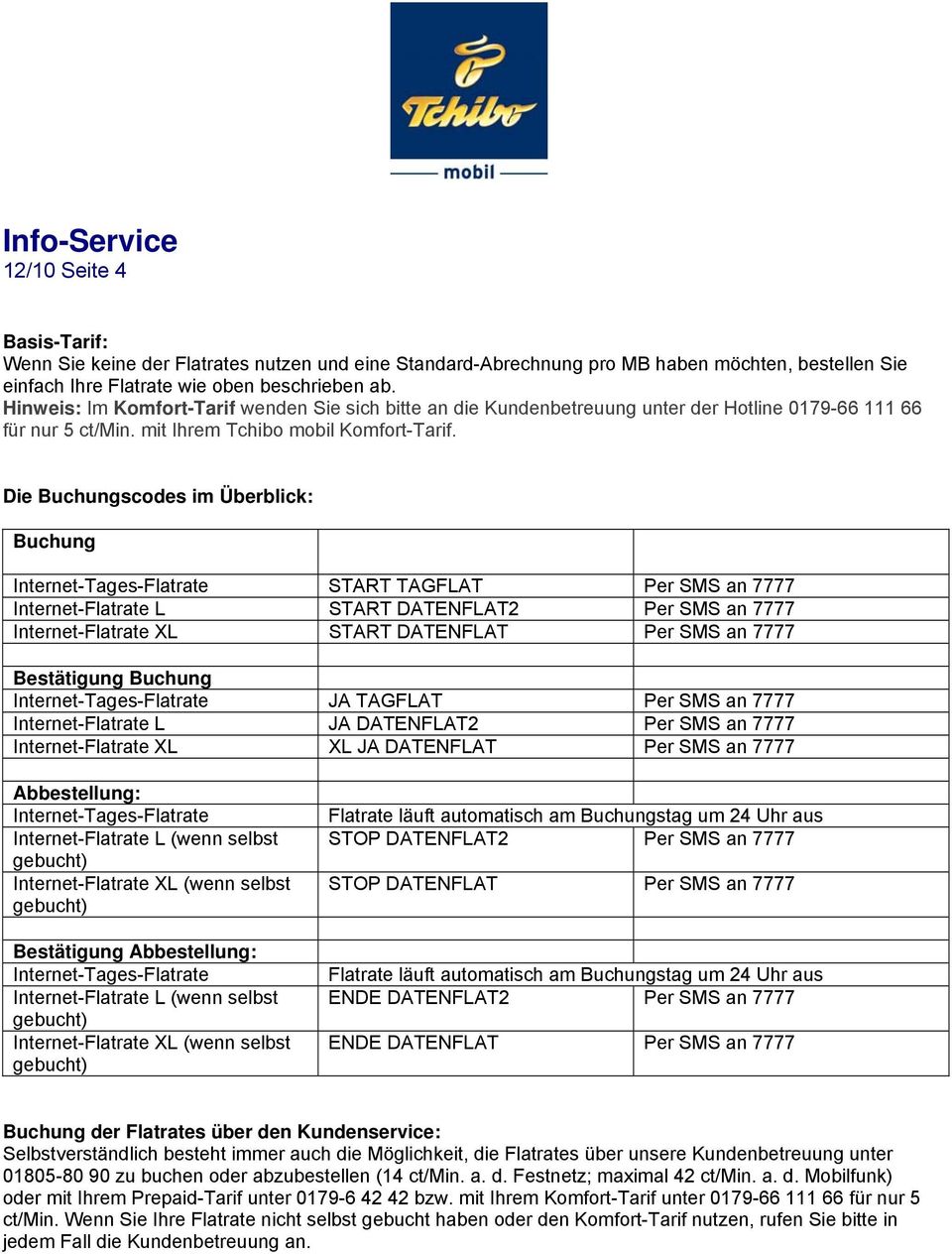 Die Buchungscodes im Überblick: Buchung START TAGFLAT Per SMS an 7777 Internet-Flatrate L START DATENFLAT2 Per SMS an 7777 Internet-Flatrate XL START DATENFLAT Per SMS an 7777 Bestätigung Buchung JA