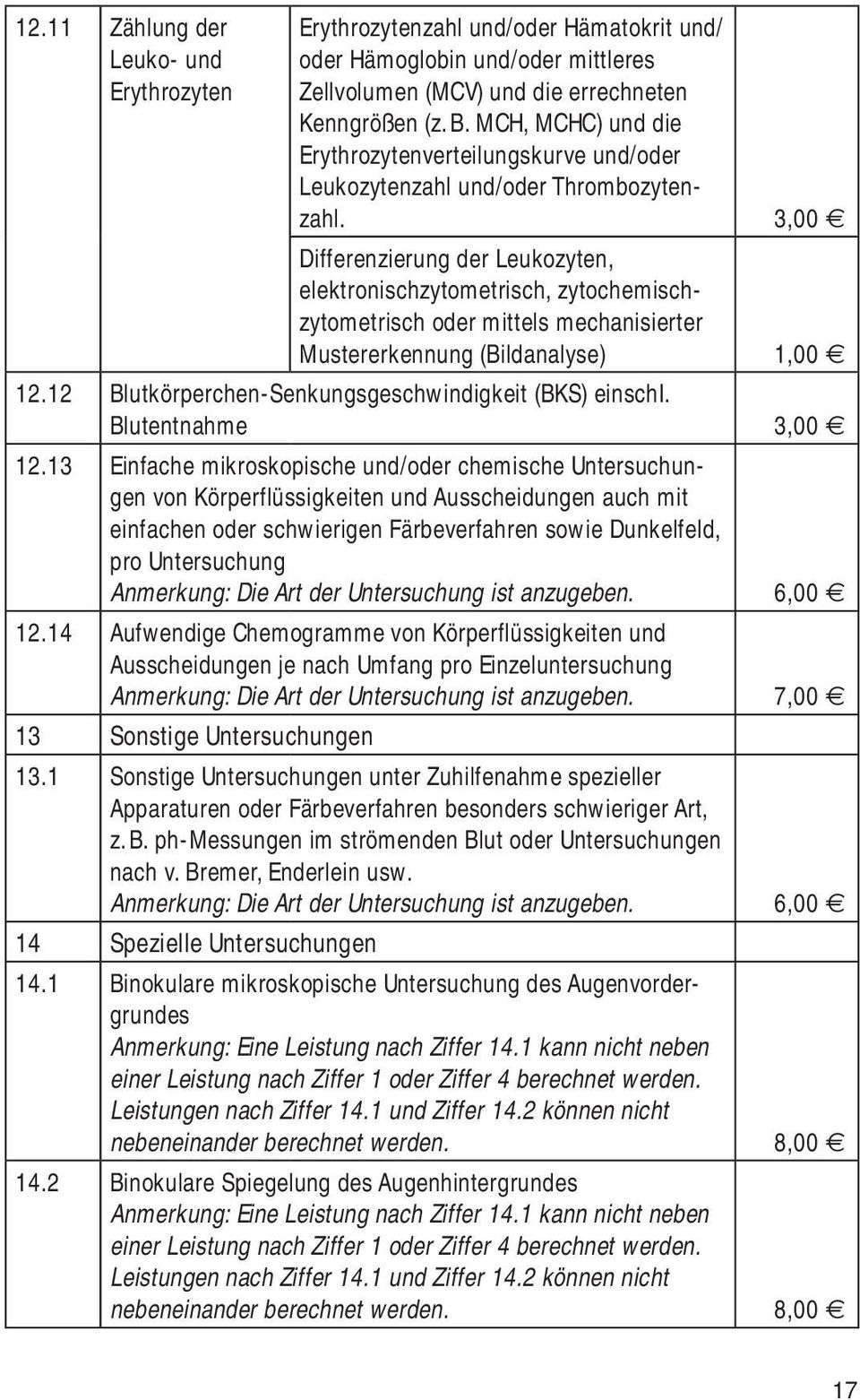 3,00 Differenzierung der Leukozyten, elektronischzytometrisch, zytochemischzytometrisch oder mittels mechanisierter Mustererkennung (Bildanalyse) 1,00 12.