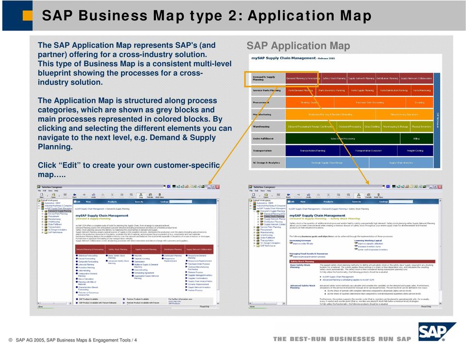 SAP Application Map The Application Map is structured along process categories, which are shown as grey blocks and main processes represented in colored