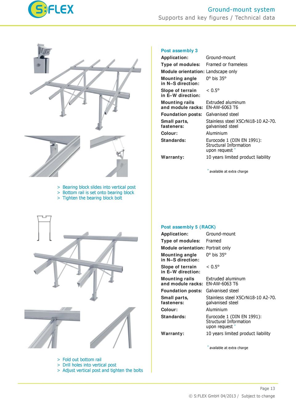 5 in E W direction: Mounting rails Extruded aluminum and module racks: EN-AW-6063 T6 Foundation posts: Galvanised steel Small parts, Stainless steel X5CrNi18-10 A2-70.