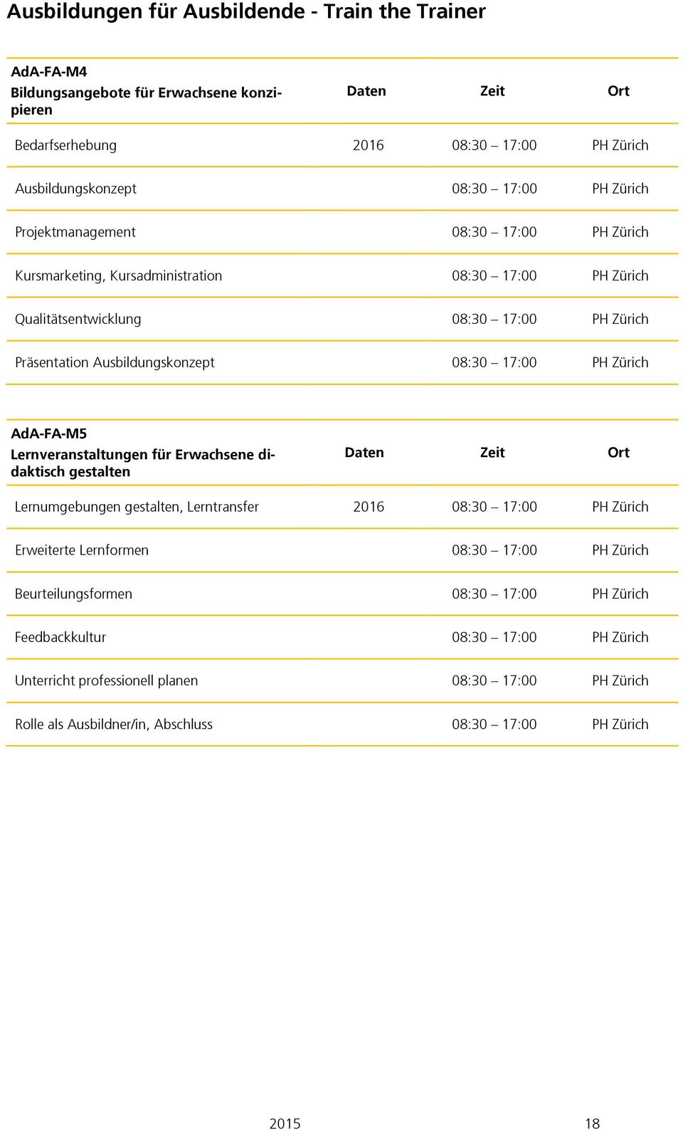 Lernveranstaltungen für Erwachsene didaktisch gestalten Daten Zeit Ort Lernumgebungen gestalten, Lerntransfer 2016 08:30 17:00 PH Zürich Erweiterte Lernformen 08:30 17:00 PH Zürich