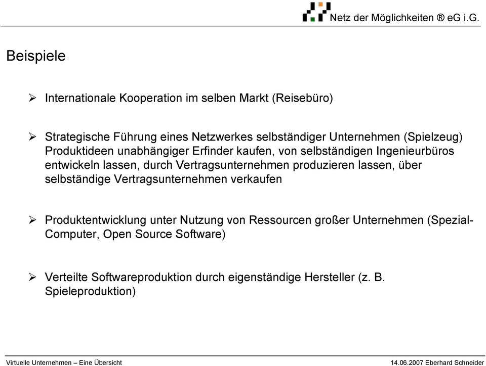 selbständigen Ingenieurbüros entwickeln lassen, durch Vertragsunternehmen produzieren lassen, über selbständige Vertragsunternehmen