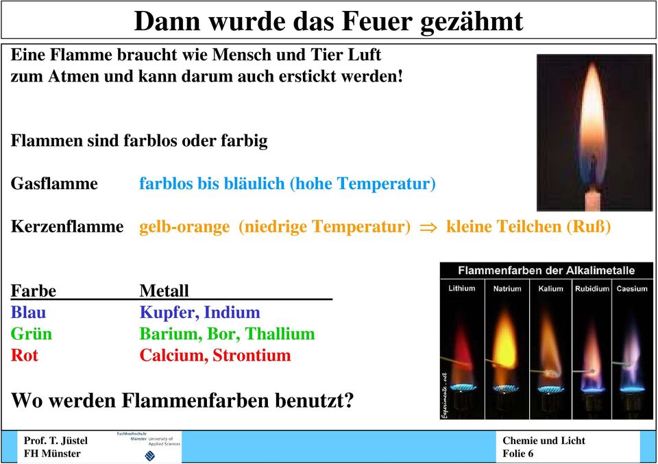 Flammen sind farblos oder farbig Gasflamme Kerzenflamme farblos bis bläulich (hohe Temperatur)