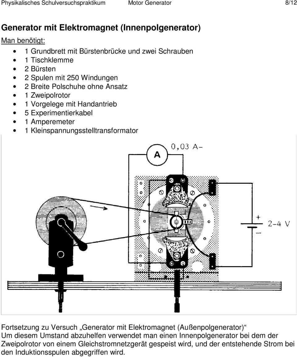 Amperemeter 1 Kleinspannungsstelltransformator Fortsetzung zu Versuch Generator mit Elektromagnet (Außenpolgenerator) Um diesem Umstand abzuhelfen verwendet man