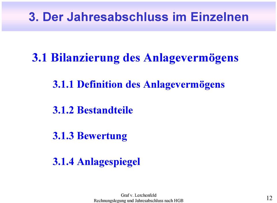 1.2 Bestandteile 3.1.3 Bewertung 3.1.4 Anlagespiegel 12