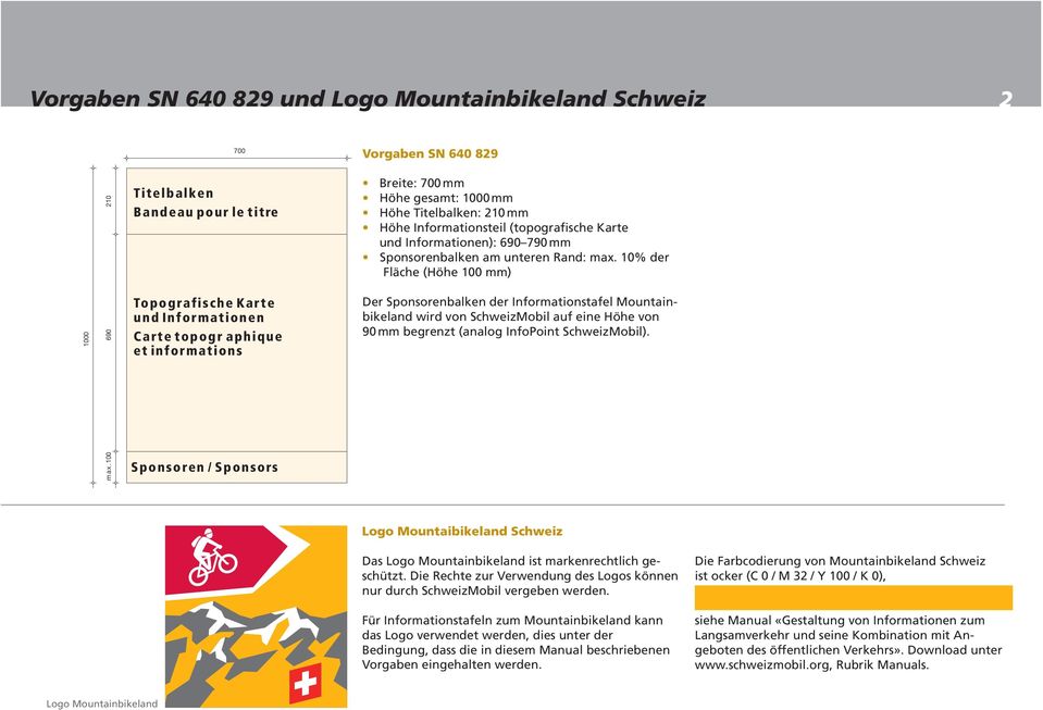 10% der Fläche (Höhe 100 mm) Der Sponsorenbalken der Informationstafel Mountainbikeland wird von SchweizMobil auf eine Höhe von 90 mm begrenzt (analog InfoPoint SchweizMobil). max.