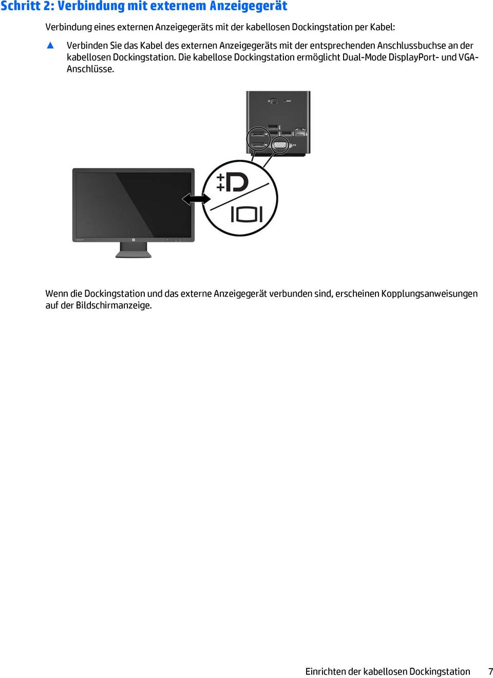 Dockingstation. Die kabellose Dockingstation ermöglicht Dual-Mode DisplayPort- und VGA- Anschlüsse.