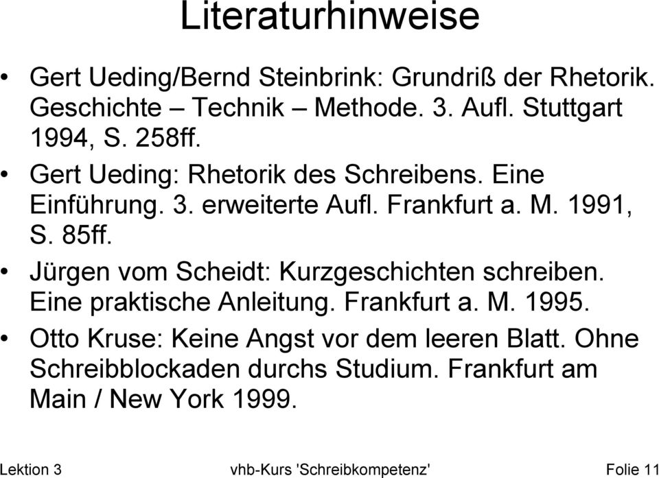 Jürgen vom Scheidt: Kurzgeschichten schreiben. Eine praktische Anleitung. Frankfurt a. M. 1995.