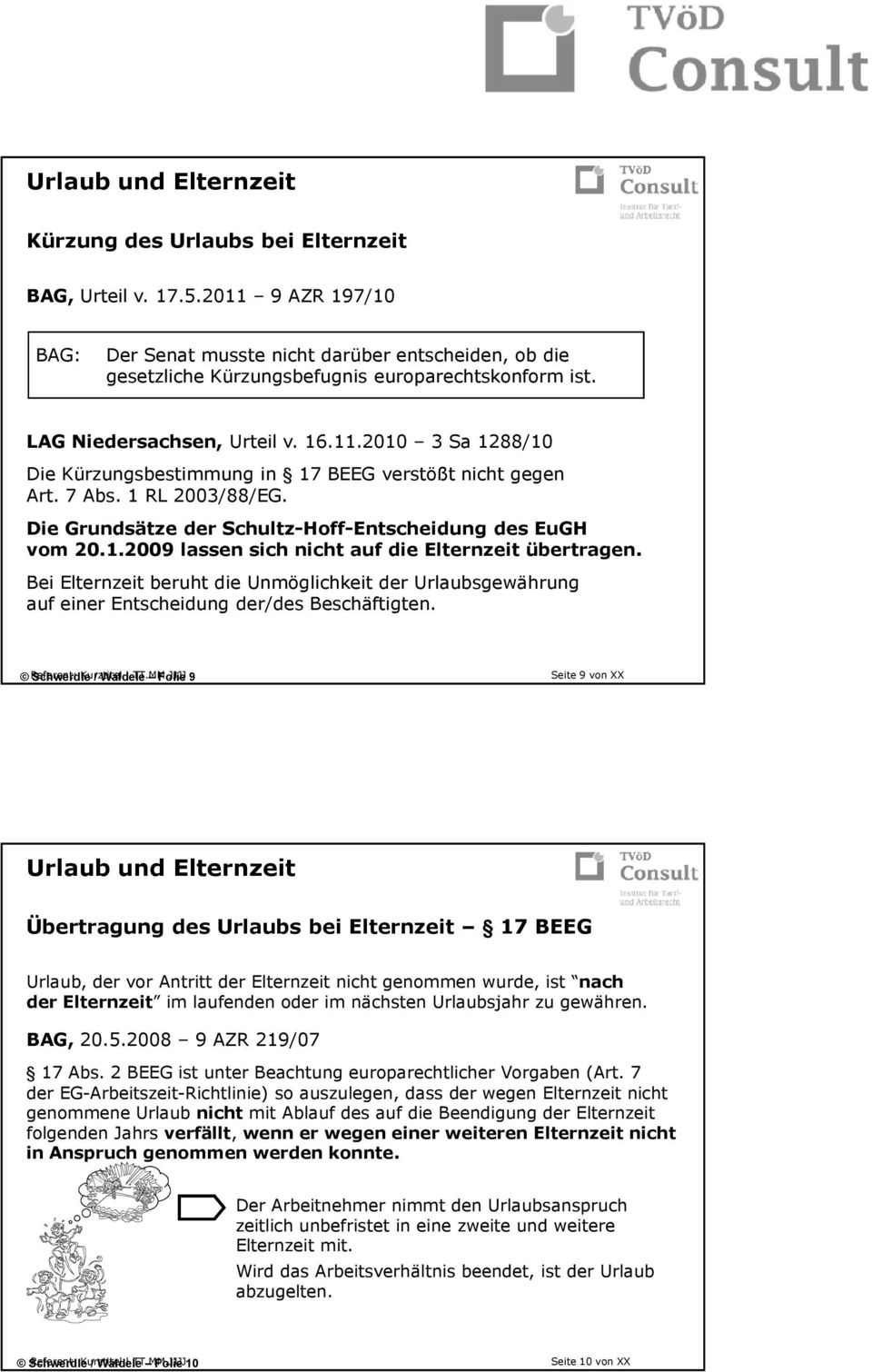 7 Abs. 1 RL 2003/88/EG. Die Grundsätze der Schultz-Hoff-Entscheidung des EuGH vom 20.1.2009 lassen sich nicht auf die Elternzeit übertragen.