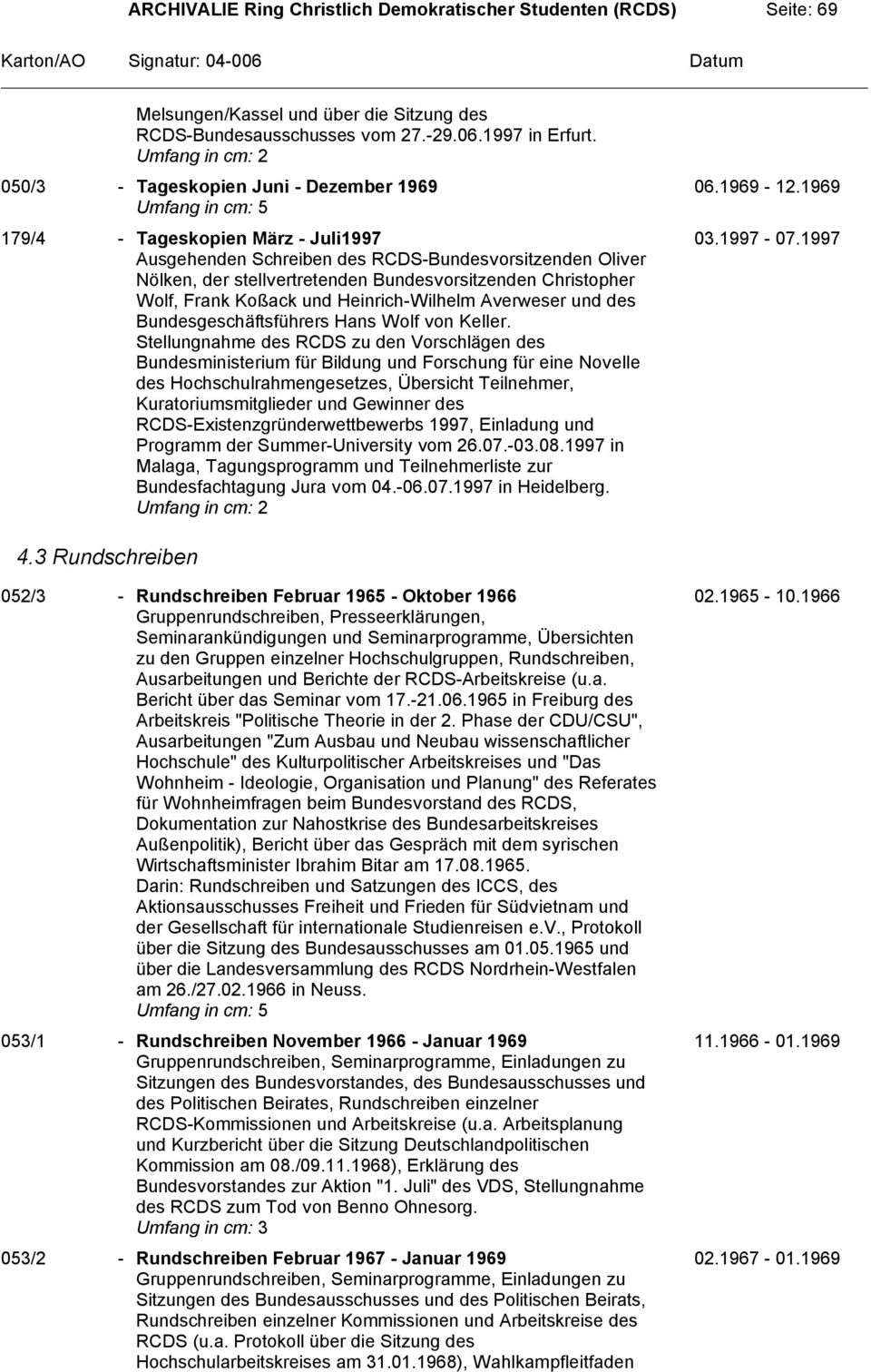 1997 Ausgehenden Schreiben des RCDS-Bundesvorsitzenden Oliver Nölken, der stellvertretenden Bundesvorsitzenden Christopher Wolf, Frank Koßack und Heinrich-Wilhelm Averweser und des