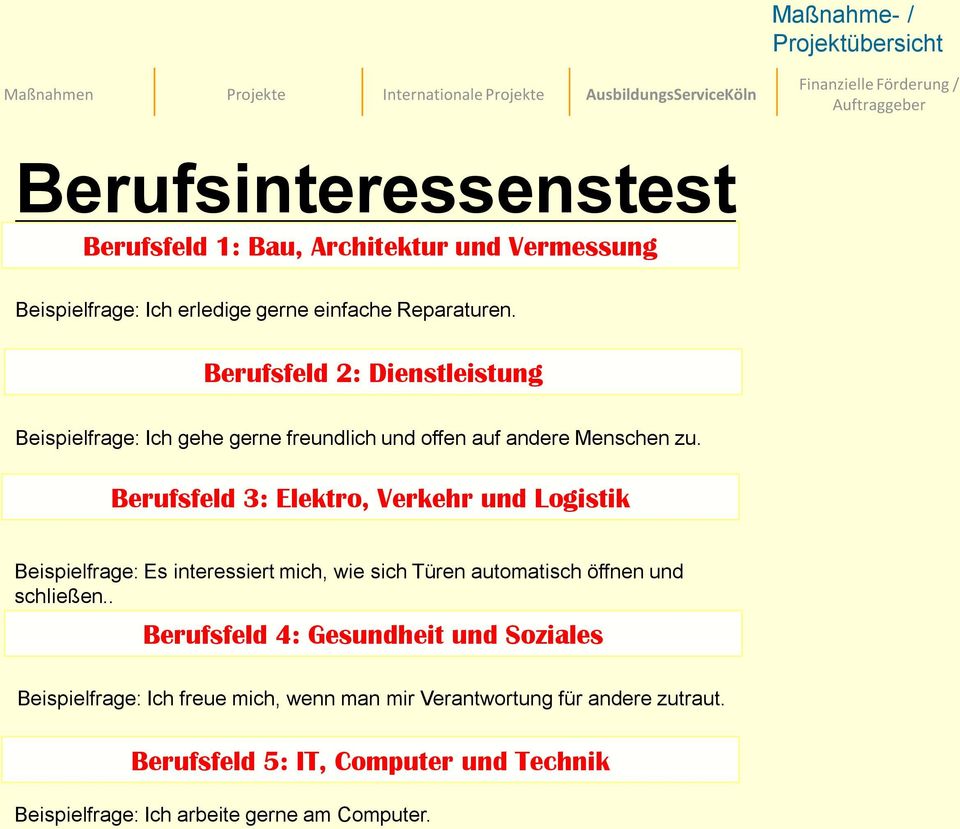 Berufsfeld 2: Dienstleistung Beispielfrage: Ich gehe gerne freundlich und offen auf andere Menschen zu.