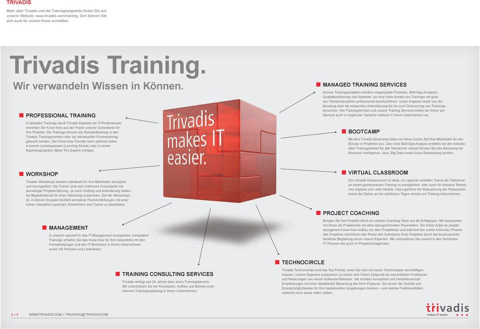 Die Trainings können als Standardtraining in den Trivadis Trainingscentern oder als individuelles Firmentraining gebucht werden.