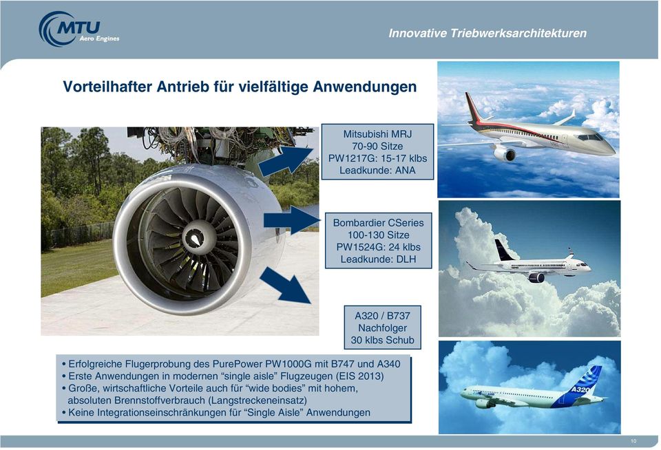 Flugerprobung des PurePower PW1000G mit B747 und A340 Erste Anwendungen in inmodernen single aisle Flugzeugen (EIS 2013) Große,