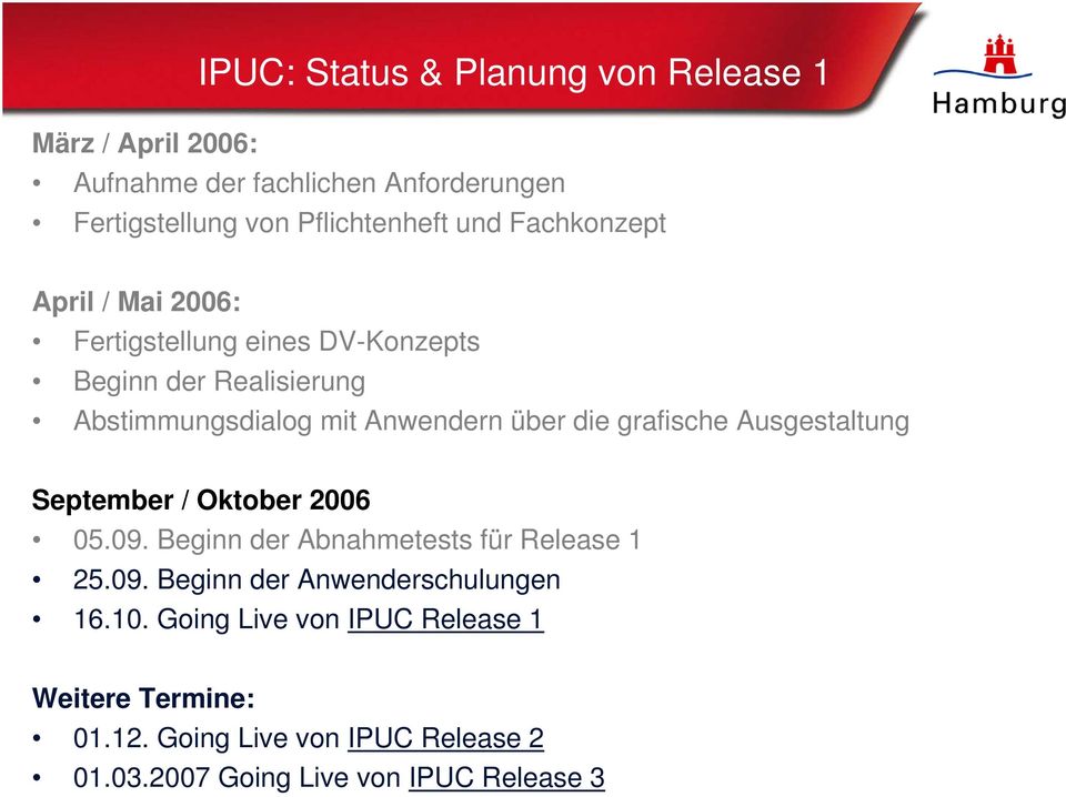 grafische Ausgestaltung September / Oktober 2006 05.09. Beginn der Abnahmetests für Release 1 25.09. Beginn der Anwenderschulungen 16.