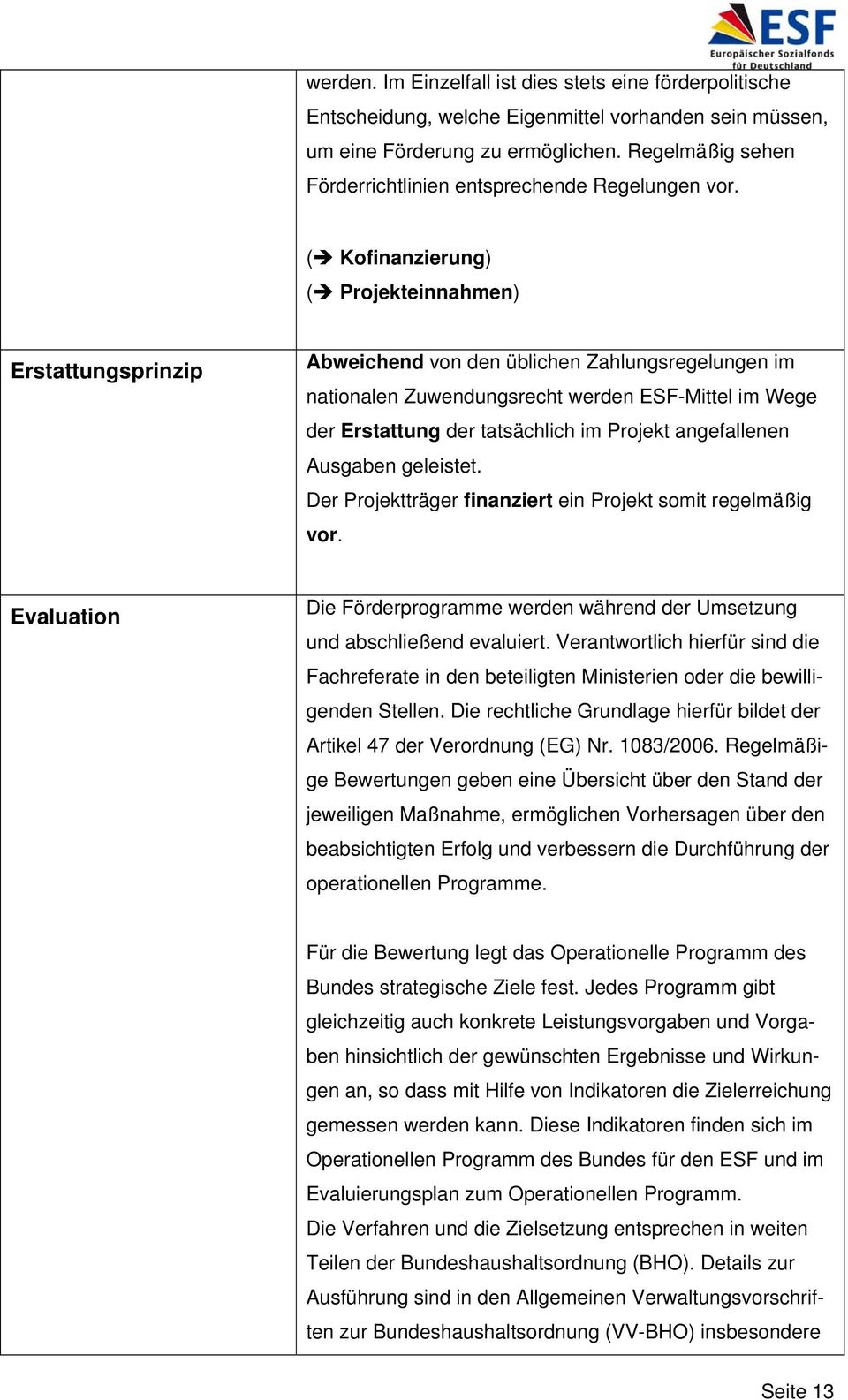 ( Kofinanzierung) ( Projekteinnahmen) Erstattungsprinzip Abweichend von den üblichen Zahlungsregelungen im nationalen Zuwendungsrecht werden ESF-Mittel im Wege der Erstattung der tatsächlich im