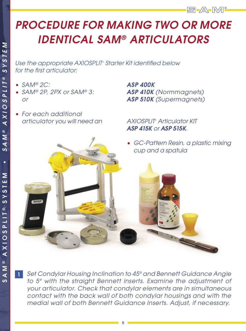GC-Pattern Resin, a plastic mixing cup and a spatula 1 Set Condylar Housing Inclination to 45 and Bennett Guidance An gle to 5 with the straight Bennett inserts.