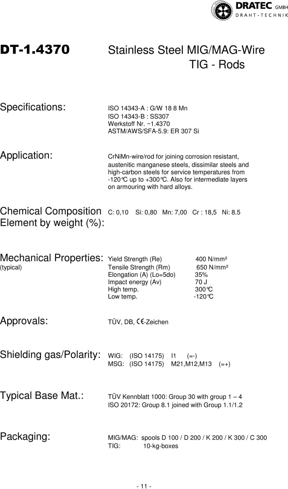 Also for intermediate laye rs on armouring with hard alloys. Chemical Composition C: 0,10 Si: 0,80 Mn: 7,00 Cr : 18,5 Ni: 8.
