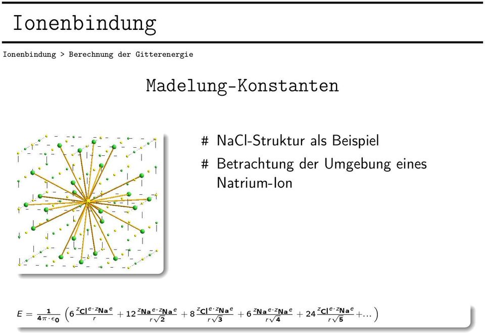 Umgebung eines Natrium-Ion ( E = 1 6 z Cl e z Na e + 12 z Na e z Na e