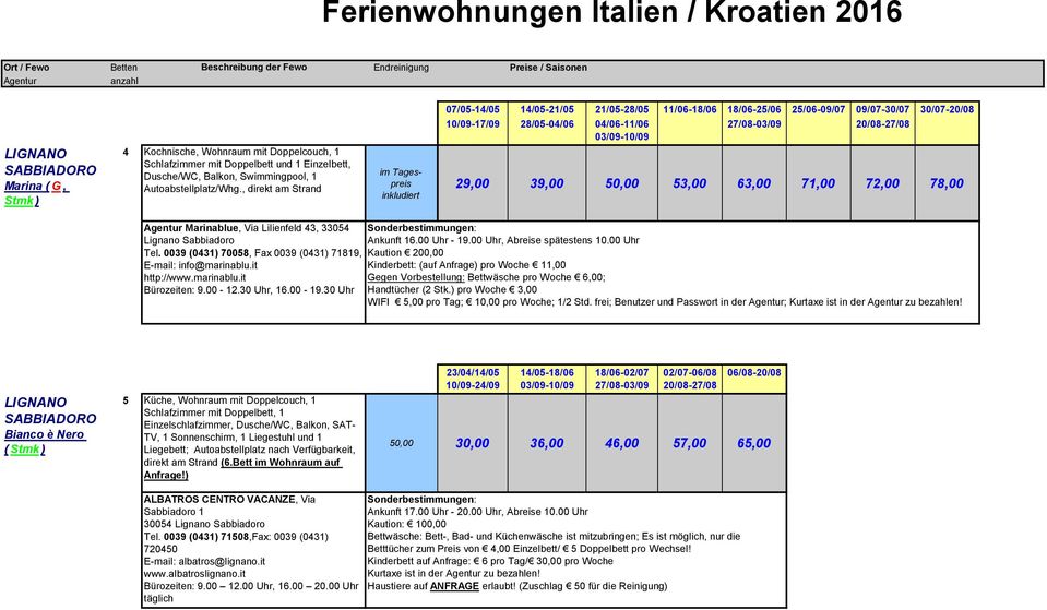 50,00 53,00 63,00 71,00 72,00 78,00 Marinablue, Via Lilienfeld 43, 33054 Lignano Sabbiadoro Ankunft 16.00 Uhr - 19.00 Uhr, Abreise spätestens 10.00 Uhr Tel.