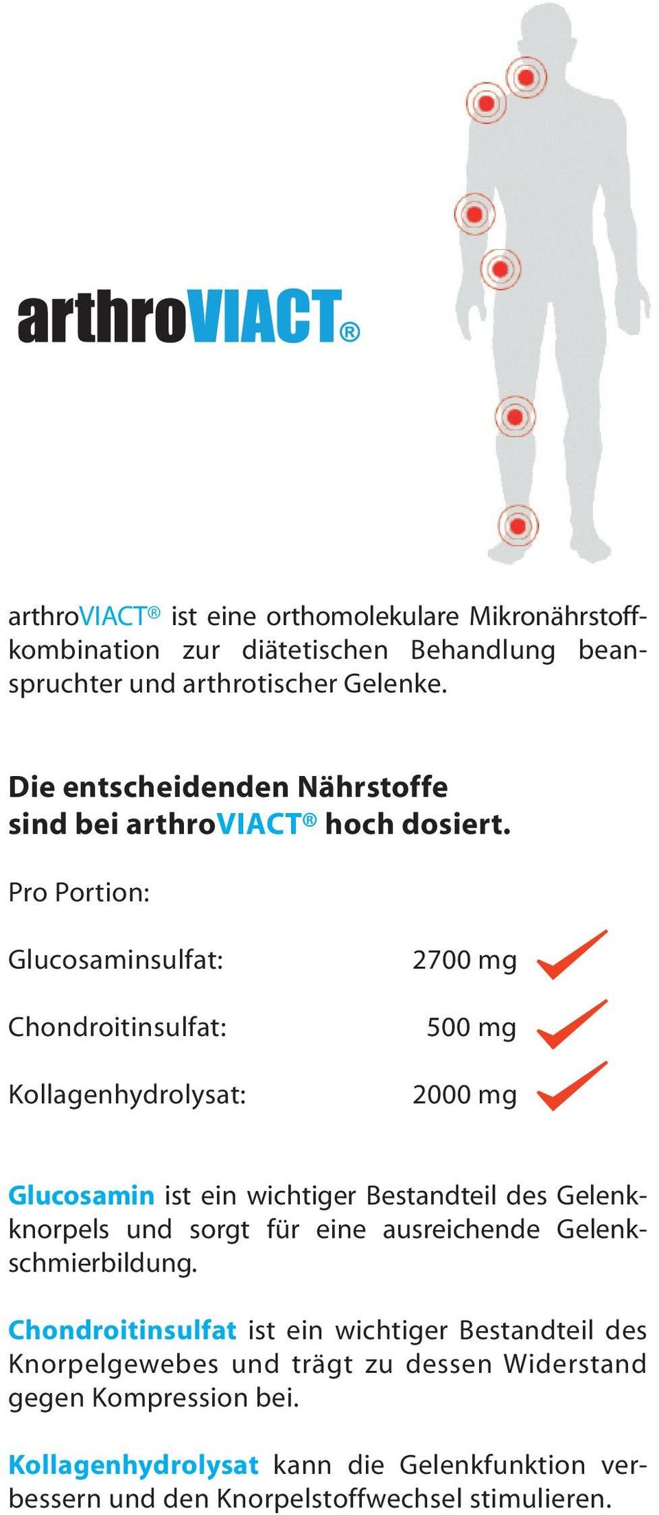 Pro Portion: Glucosaminsulfat: Chondroitinsulfat: Kollagenhydrolysat: 2700 mg 500 mg 2000 mg Glucosamin ist ein wichtiger Bestandteil des Gelenkknorpels