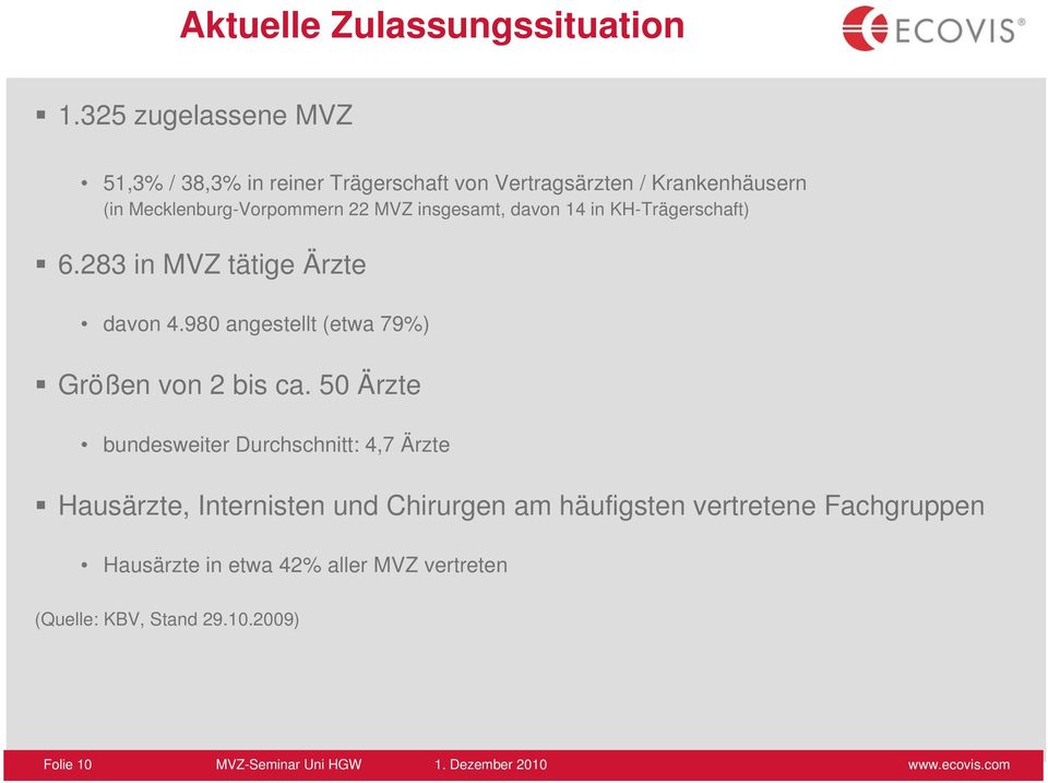 insgesamt, davon 14 in KH-Trägerschaft) 6.283 in MVZ tätige Ärzte davon 4.980 angestellt (etwa 79%) Größen von 2 bis ca.