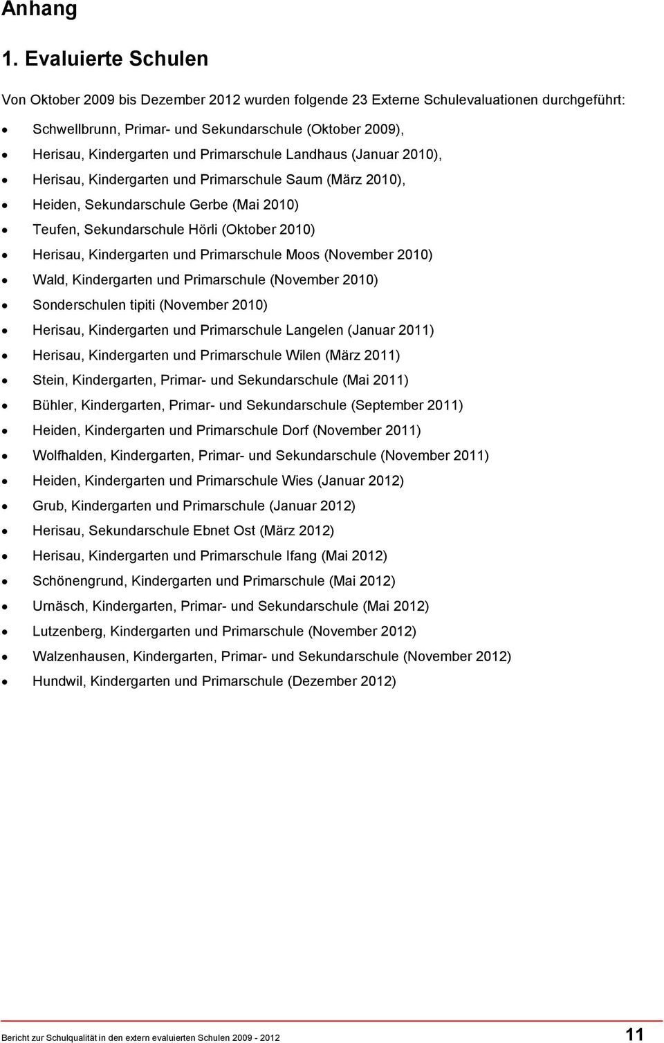 Primarschule Landhaus (Januar 2010), Herisau, Kindergarten und Primarschule Saum (März 2010), Heiden, Sekundarschule Gerbe (Mai 2010) Teufen, Sekundarschule Hörli (Oktober 2010) Herisau, Kindergarten