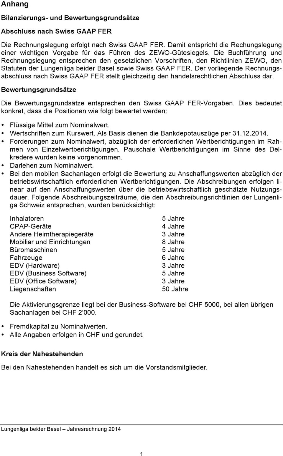 Die Buchführung und Rechnungslegung entsprechen den gesetzlichen Vorschriften, den Richtlinien ZEWO, den Statuten der Lungenliga beider Basel sowie Swiss GAAP FER.