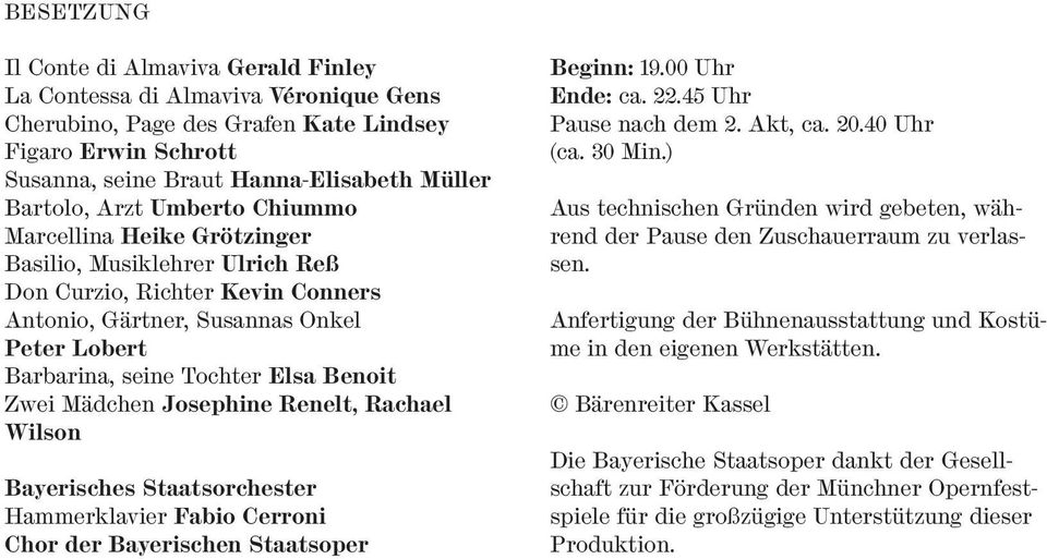 Zwei Mädchen Josephine Renelt, Rachael Wilson Bayerisches Staatsorchester Hammerklavier Fabio Cerroni Chor der Bayerischen Staatsoper Beginn: 19.00 Uhr Ende: ca. 22.45 Uhr Pause nach dem 2. Akt, ca.