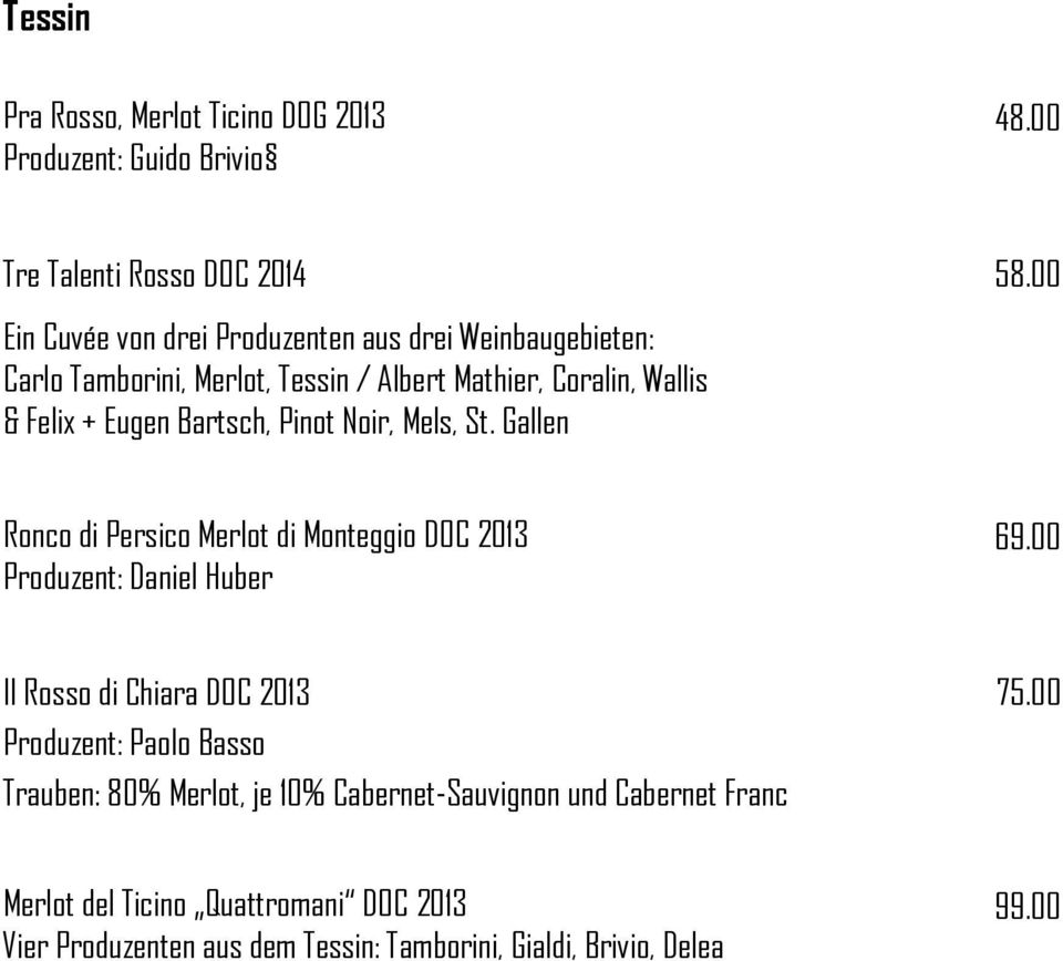 Wallis & Felix + Eugen Bartsch, Pinot Noir, Mels, St. Gallen Ronco di Persico Merlot di Monteggio DOC 2013 Produzent: Daniel Huber 69.