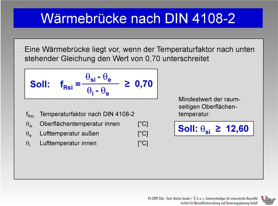 Rsi Temperaturfaktor nach DIN 4108-2 θ si Oberflächentemperatur innen [ C] θ e Lufttemperatur außen [ C] θ i