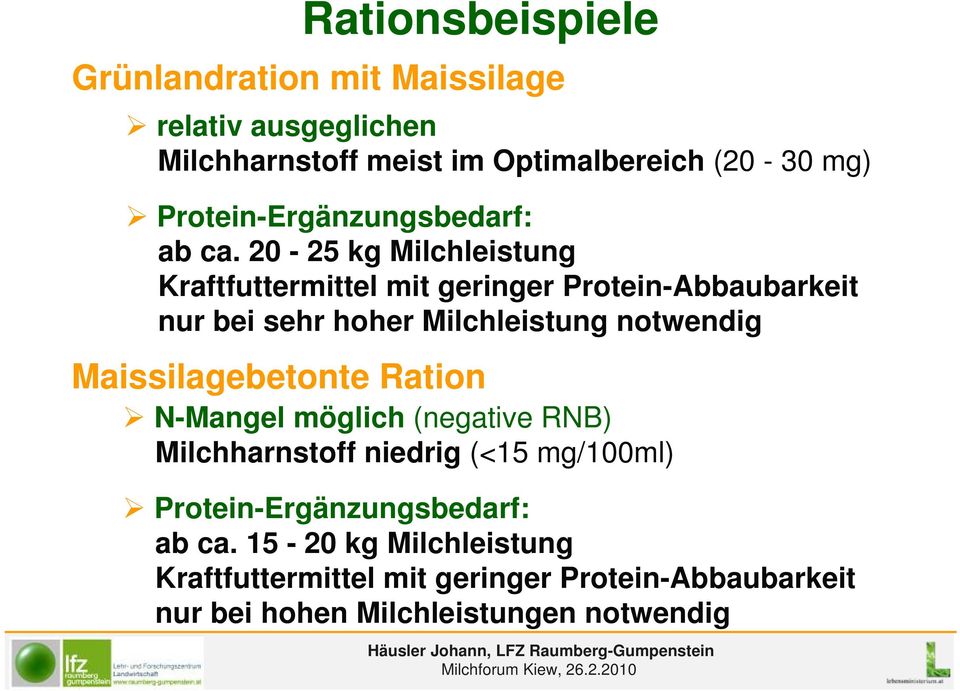 20-25 kg Milchleistung Kraftfuttermittel mit geringer Protein-Abbaubarkeit nur bei sehr hoher Milchleistung notwendig