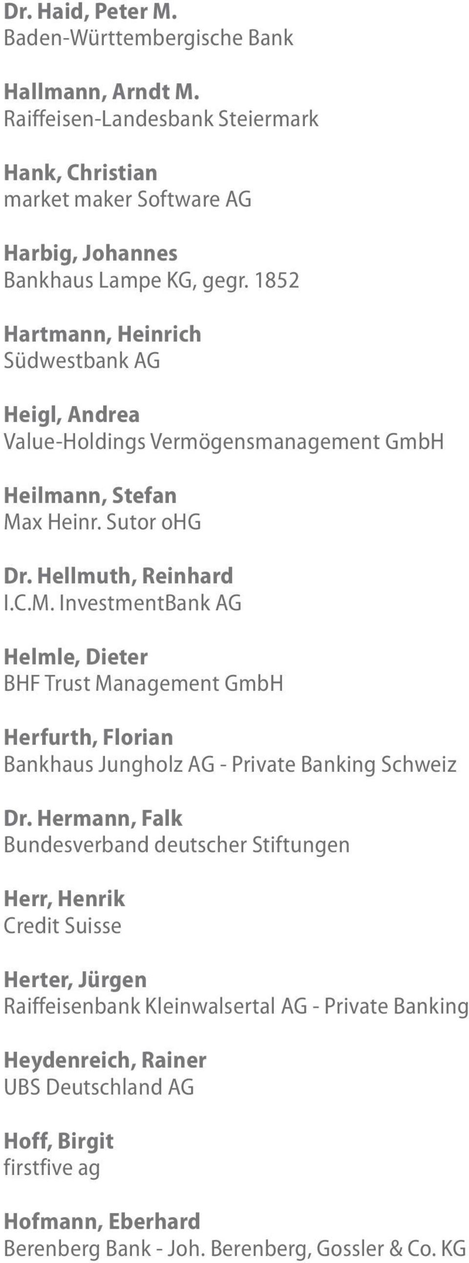 x Heinr. Sutor ohg Dr. Hellmuth, Reinhard I.C.M. InvestmentBank AG Helmle, Dieter BHF Trust Management GmbH Herfurth, Florian Bankhaus Jungholz AG - Private Banking Schweiz Dr.