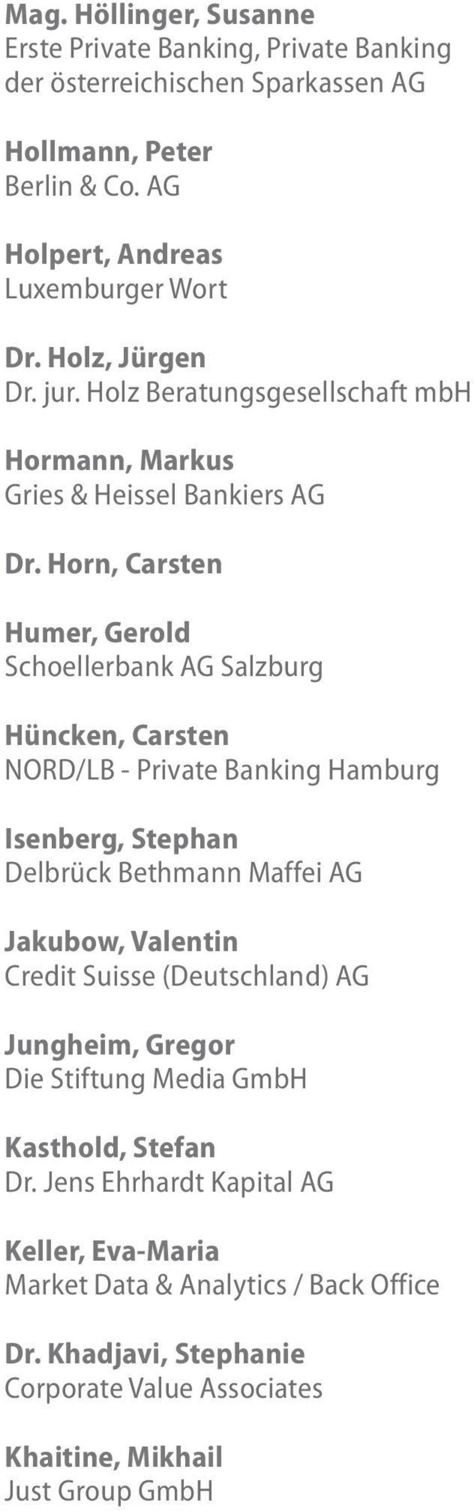 Horn, Carsten Humer, Gerold Schoellerbank AG Salzburg Hüncken, Carsten NORD/LB - Private Banking Hamburg Isenberg, Stephan Delbrück Bethmann Maffei AG Jakubow, Valentin
