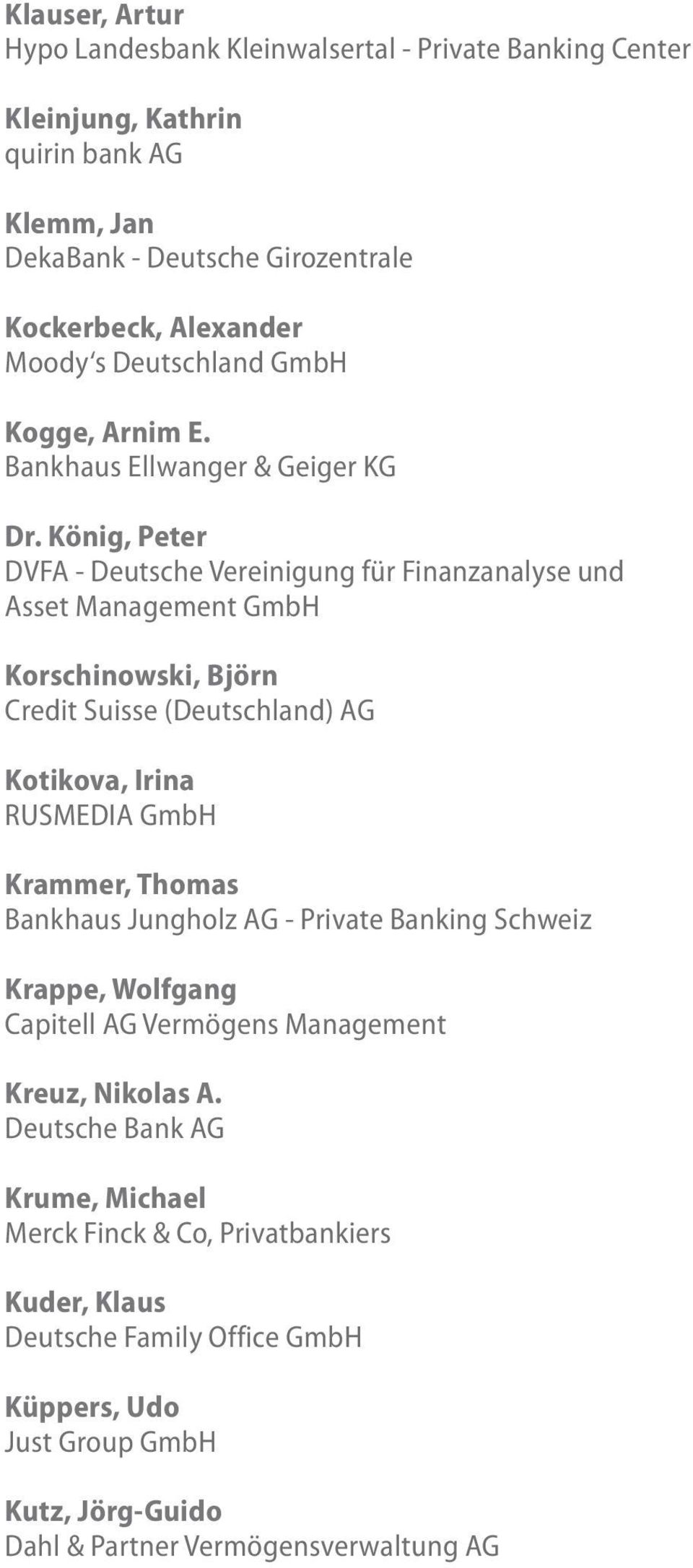 König, Peter DVFA - Deutsche Vereinigung für Finanzanalyse und Asset Management GmbH Korschinowski, Björn Credit Suisse (Deutschland) AG Kotikova, Irina RUSMEDIA GmbH Krammer, Thomas