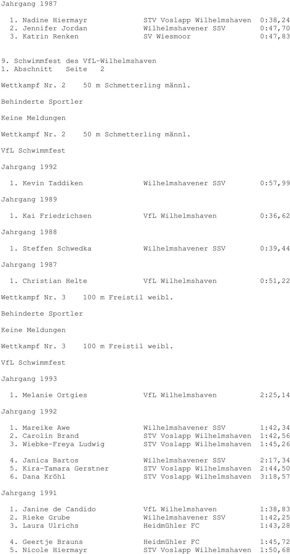 Christian Helte VfL Wilhelmshaven 0:51,22 Wettkampf Nr. 3 100 m Freistil weibl. Wettkampf Nr. 3 100 m Freistil weibl. Jahrgang 1993 1. Melanie Ortgies VfL Wilhelmshaven 2:25,14 1.
