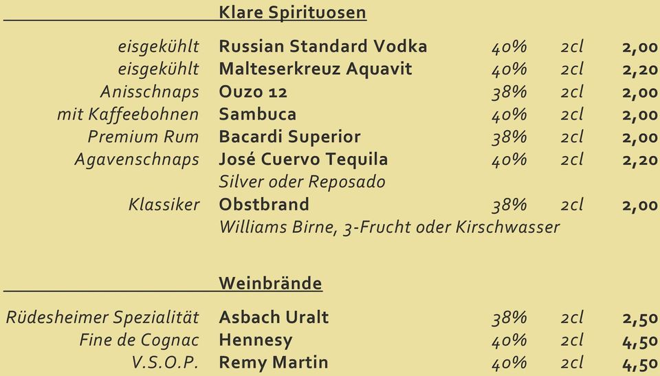 Cuervo Tequila 40% 2cl 2,20 Silver oder Reposado Klassiker Obstbrand 38% 2cl 2,00 Williams Birne, 3-Frucht oder Kirschwasser