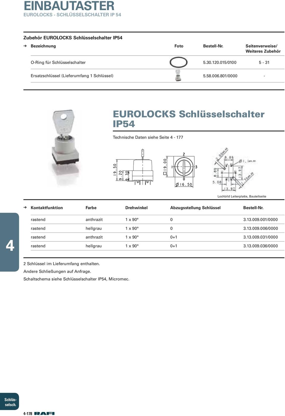 801/0000 - EUROLOCKS Schlüsselschalter IP5 Technische Daten siehe Seite - 177 Kontaktfunktion Farbe Drehwinkel Abzugsstellung Schlüssel Bestell-Nr.