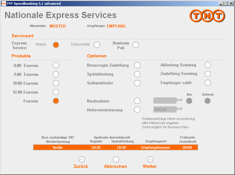 Je nachdem, ob Sie eine Adresse in Deutschland oder im Ausland eingegeben haben, bietet Speedbooking Ihnen automatisch alle verfügbaren Versand-Optionen.