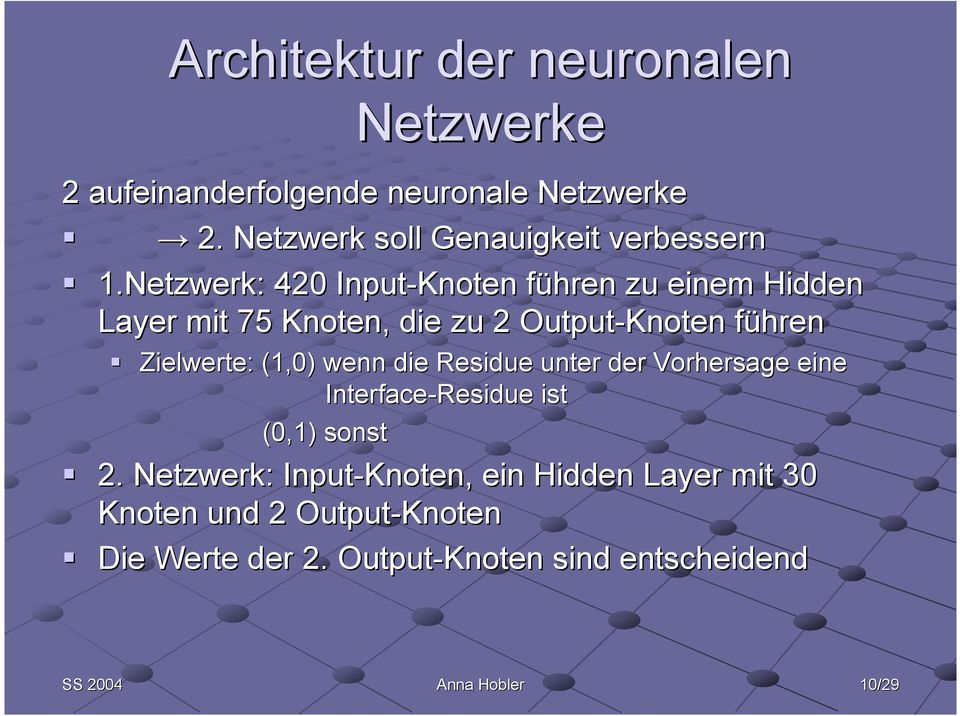 Netzwerk: 420 Input-Knoten führenf zu einem Hidden Layer mit 75 Knoten, die zu 2 Output-Knoten führenf