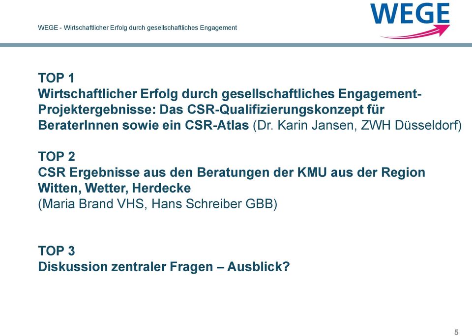 Karin Jansen, ZWH Düsseldorf) TOP 2 CSR Ergebnisse aus den Beratungen der KMU aus der
