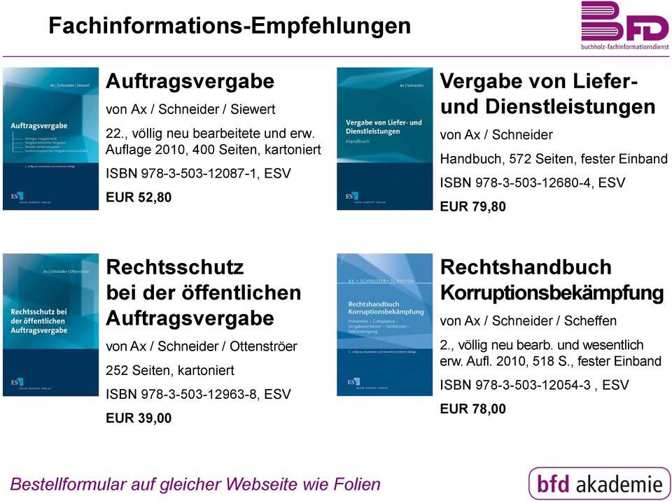 ISBN 978-3-503-12680-4, ESV EUR 79,80 Rechtsschutz bei der öffentlichen Auftragsvergabe von Ax / Schneider / Ottenströer 252 Seiten, kartoniert ISBN 978-3-503-12963-8, ESV