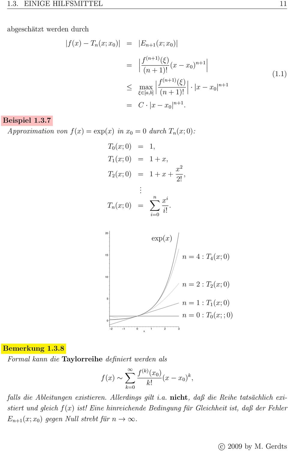 . 20 exp(x) 15 n = 4 : T 4 (x; 0) 10 n = 2 : T 2 (x; 0) 5 0 n = 1 : T 1 (x; 0) n = 0 : T 0 (x; ; 0) 2 1 0 1 2 3 x Bemerkung 1.3.8 Formal kann die Taylorreihe definiert werden als f (k) (x 0 ) f(x) (x x 0 ) k, k!